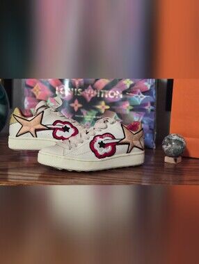 Coach White Sneakers with Pink & Gold Star Appliqués
